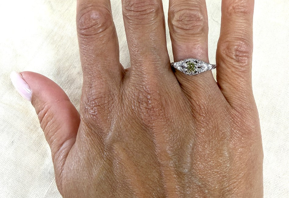 0.57ct Cushion Modified Brilliant Fancy Greenish Yellow Diamond Art Deco Ring — GIA Certified, Platinum