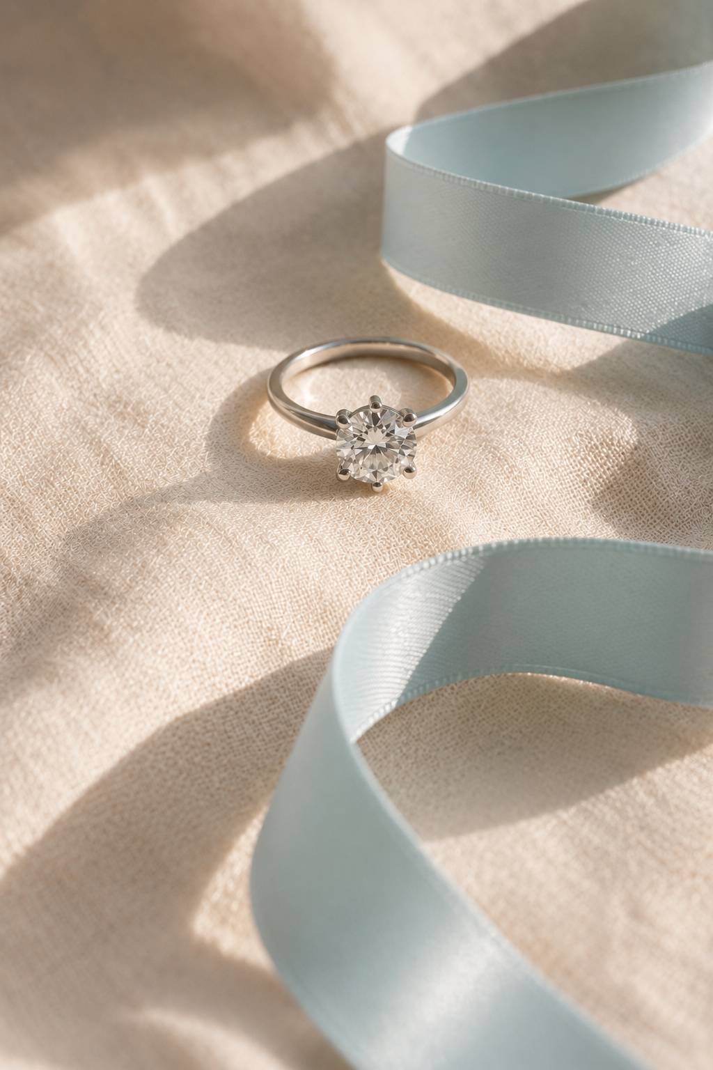 Six-prong Tiffany-style diamond ring on cream linen with pale blue satin ribbon