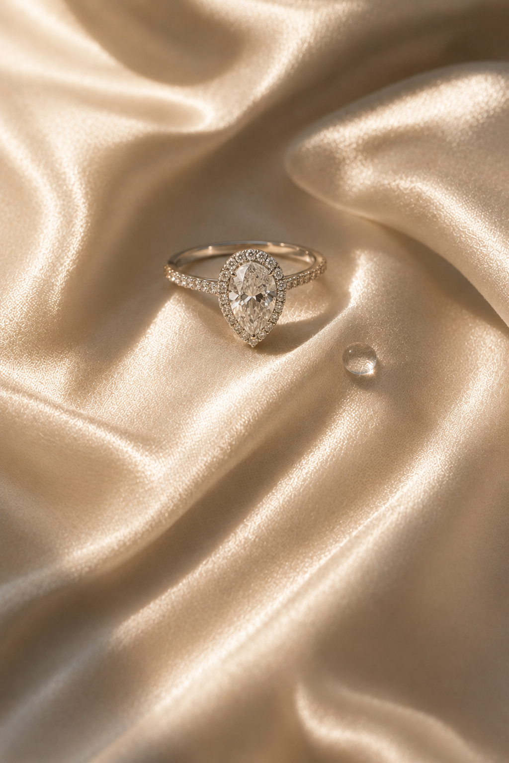 Pear-shaped diamond halo ring on champagne silk