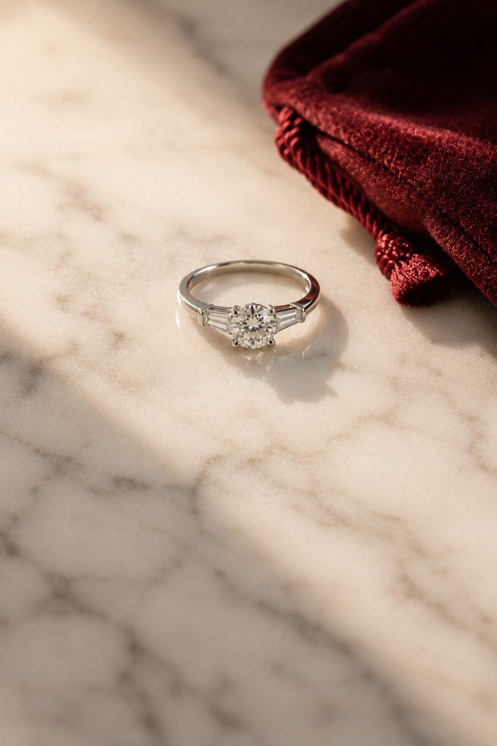 Three-stone diamond ring on cream marble with burgundy velvet pouch