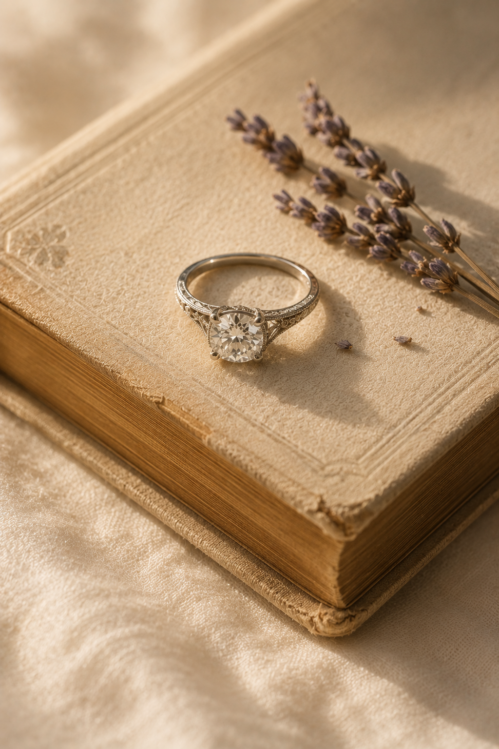 Vintage cushion-cut diamond ring resting on an antique book with dried lavender