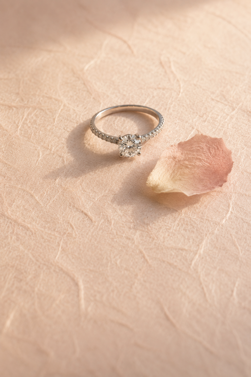 Delicate pavé diamond ring on blush washi paper