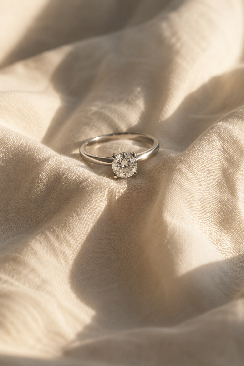 Classic round solitaire engagement ring on soft cream linen