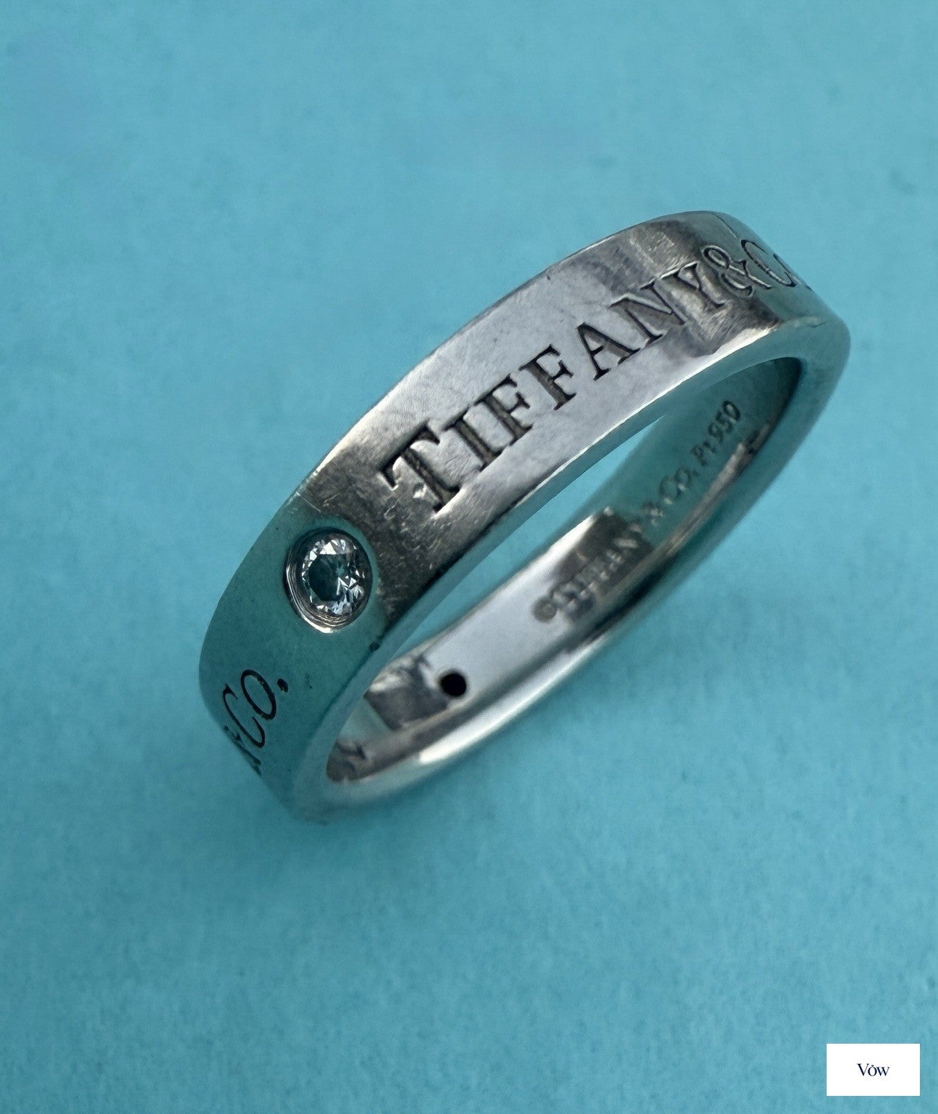 Tiffany & Co. Platinum Logo Band Ring — 3 Diamonds, Size 5.75 — Authentic Pre-Owned