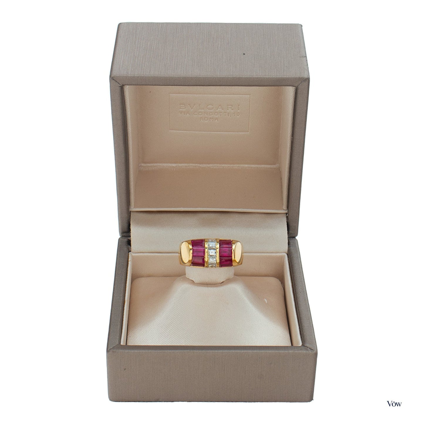 Bulgari Carrè Diamond & Ruby Ring — 18K Gold — Authentic Pre-Owned