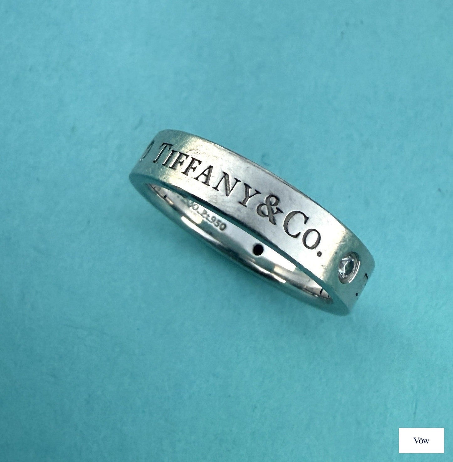 Tiffany & Co. Platinum Logo Band Ring — 3 Diamonds, Size 5.75 — Authentic Pre-Owned