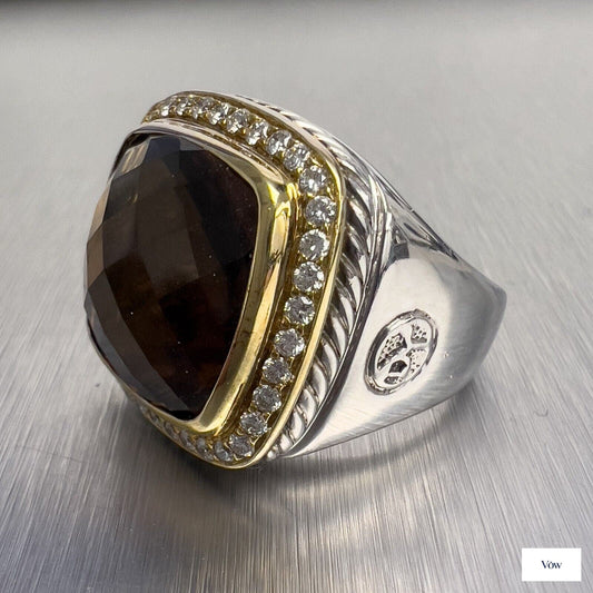 David Yurman Albion Ring — Smoky Topaz & Diamond, Sterling Silver & 18k Gold — Authentic Pre-Owned