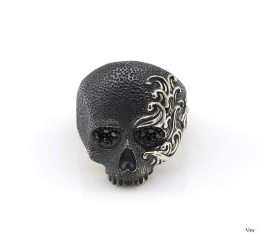 David Yurman Waves Skull Ring — Black Diamond Pavé, Sterling Silver — Authentic Pre-Owned