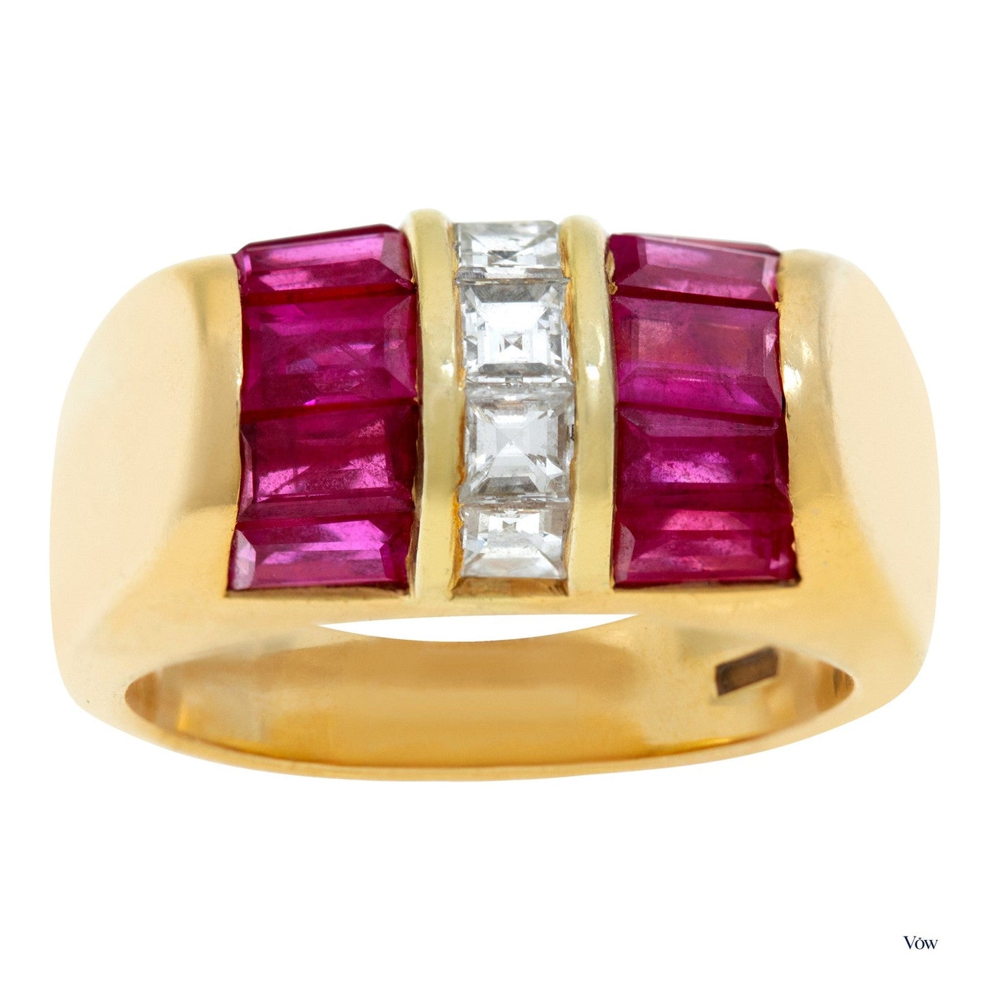 Bulgari Carrè Diamond & Ruby Ring — 18K Gold — Authentic Pre-Owned