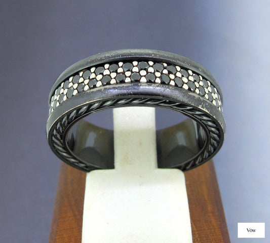 David Yurman Two Row Black Diamond Band — Sterling Silver & Titanium — Authentic Pre-Owned