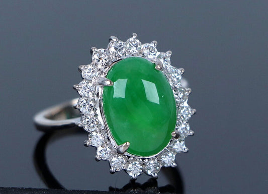 Natural Green Jade Jadeite Diamond Halo Cocktail Ring — GIA Certified, 16k White Gold