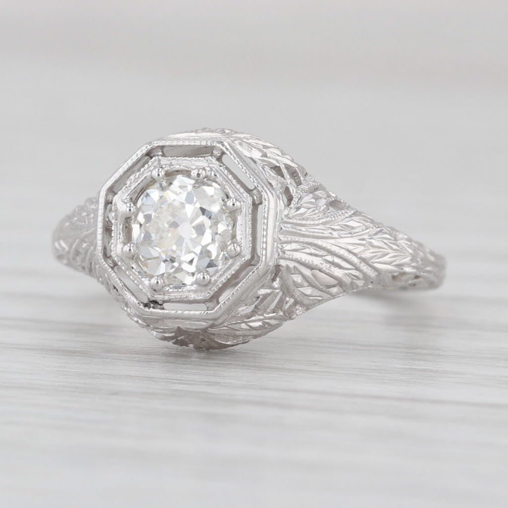 0.67ct Old European Brilliant Diamond Art Deco Ring — GIA Certified, 18k White Gold