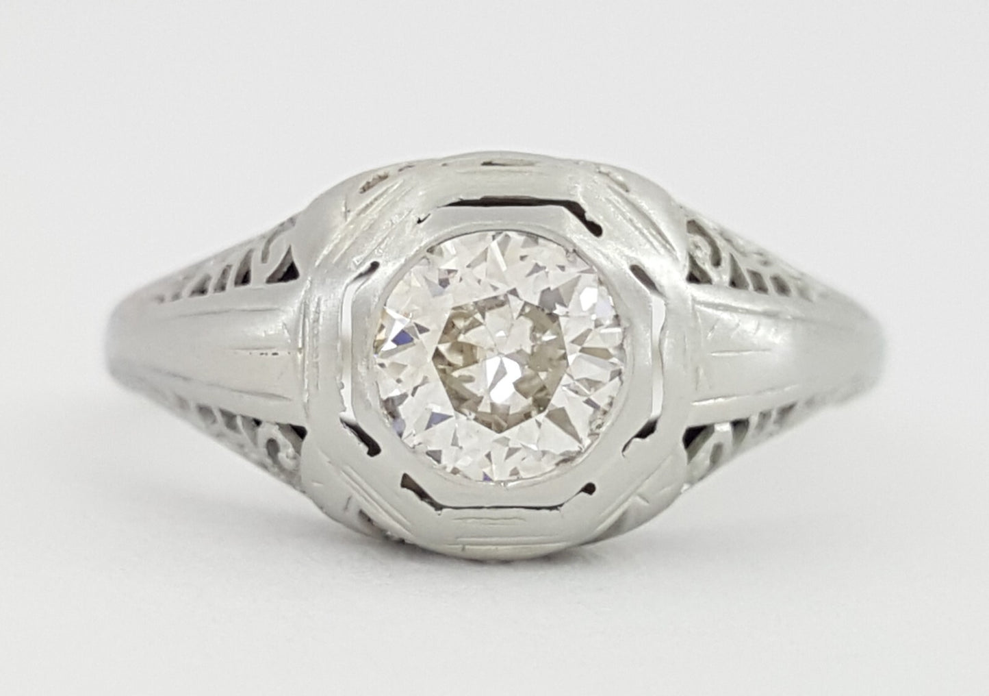 0.51ct Round Brilliant Diamond Art Deco Ring — GIA Certified, 18k White Gold