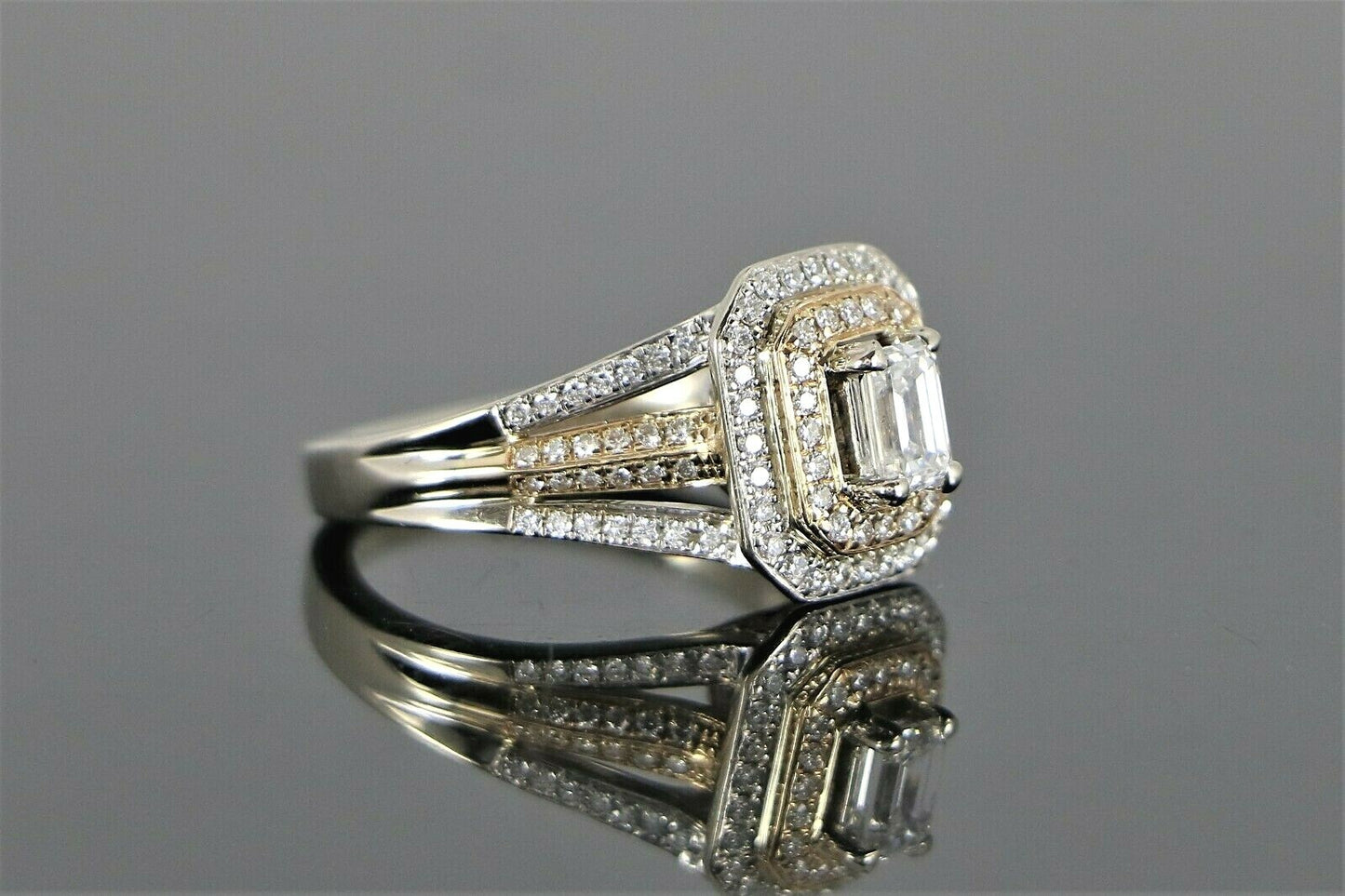 0.50ct Emerald Cut Diamond Double Halo Engagement Ring — GIA Certified, 14k White & Rose Gold