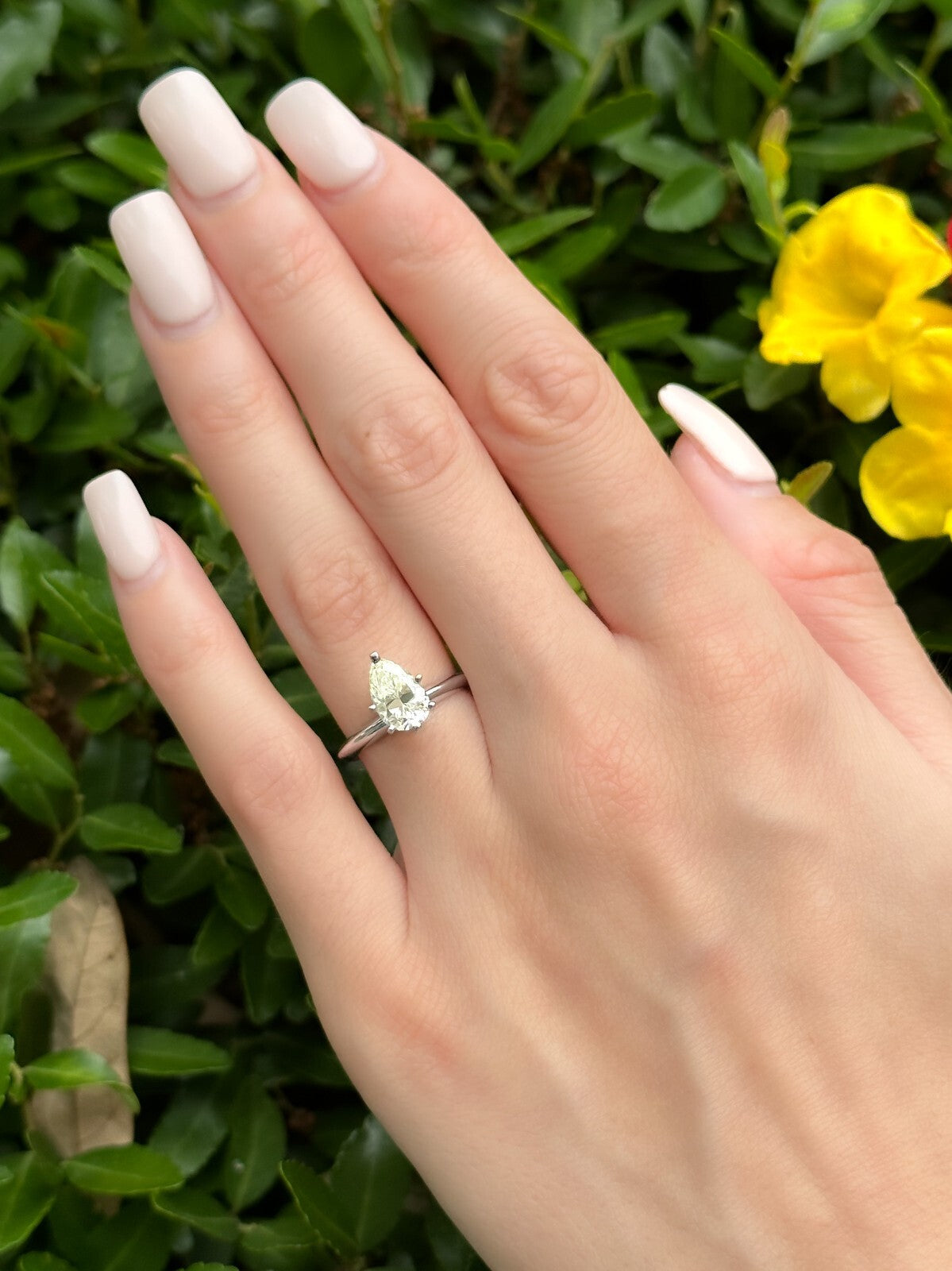 1.57ct Pear Brilliant Light Greenish Yellow Diamond Solitaire Ring — GIA Certified, 14k White Gold