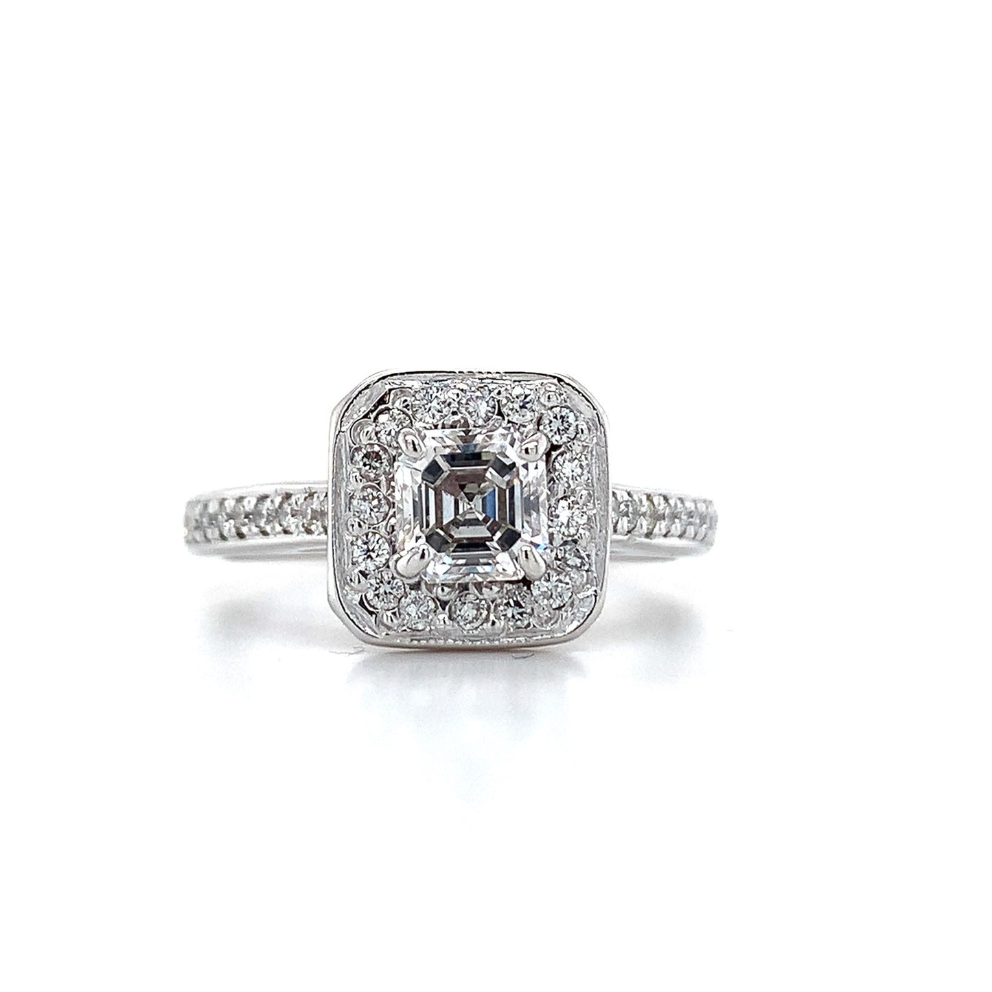 0.83ct Asscher Diamond Square Halo Statement Ring — GIA Certified, 14k White Gold