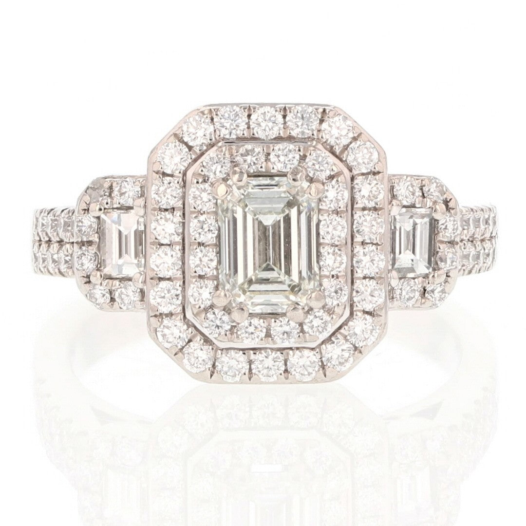 0.72ct Emerald Cut Diamond Three-Stone Halo Engagement Ring — GIA Certified, Platinum