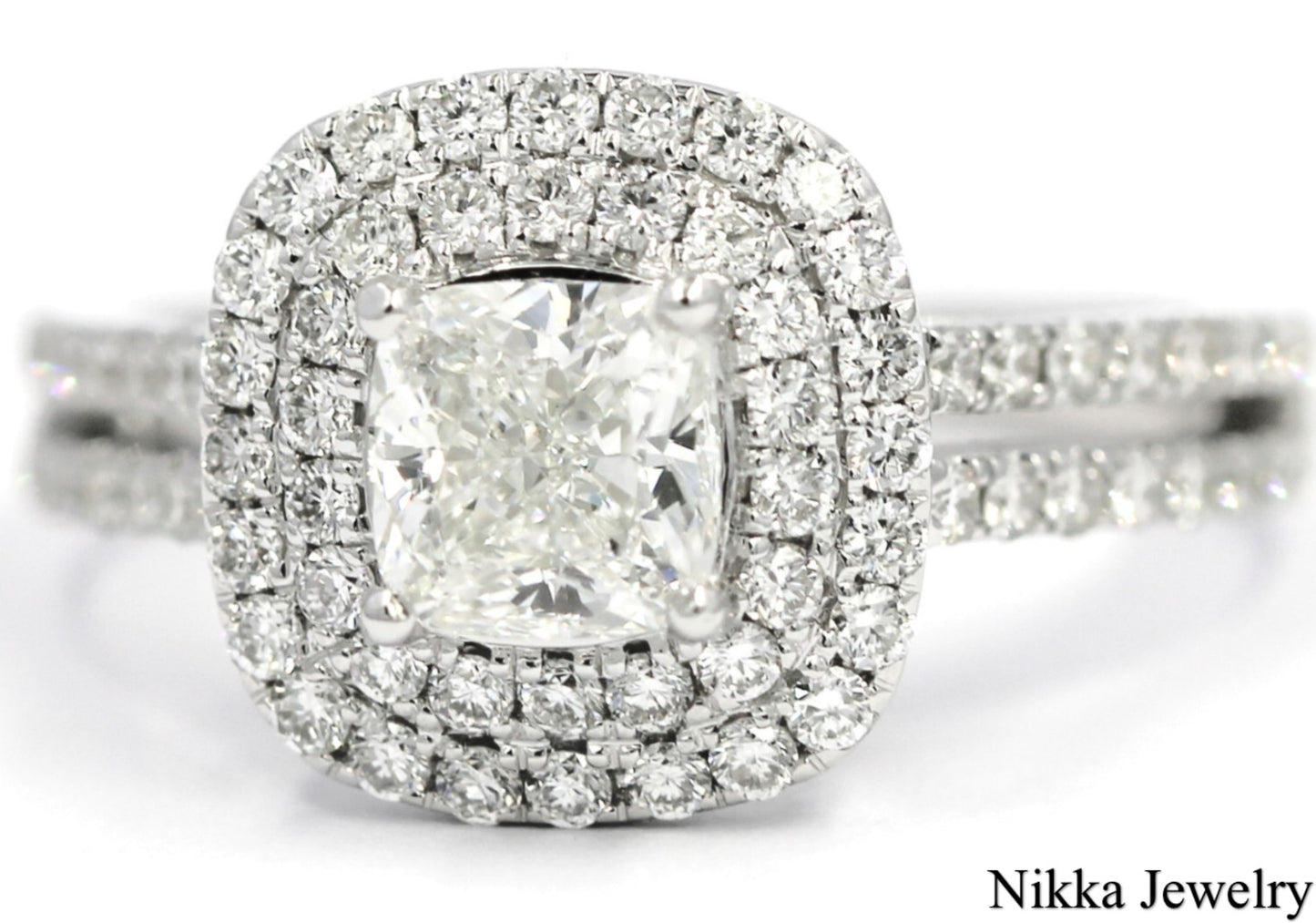 1.00ct Cushion Diamond Halo Engagement Ring — GIA Certified, 18k White Gold
