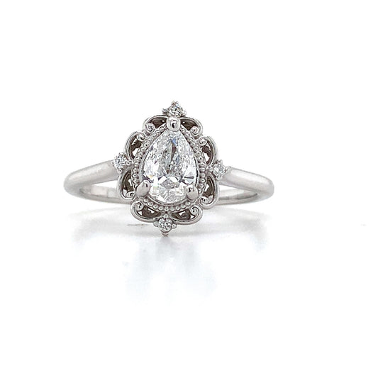 0.40ct Pear Brilliant Diamond Filigree Ring — GIA Certified, 14k White Gold