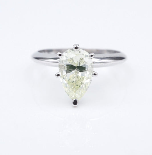 1.57ct Pear Brilliant Light Greenish Yellow Diamond Solitaire Ring — GIA Certified, 14k White Gold