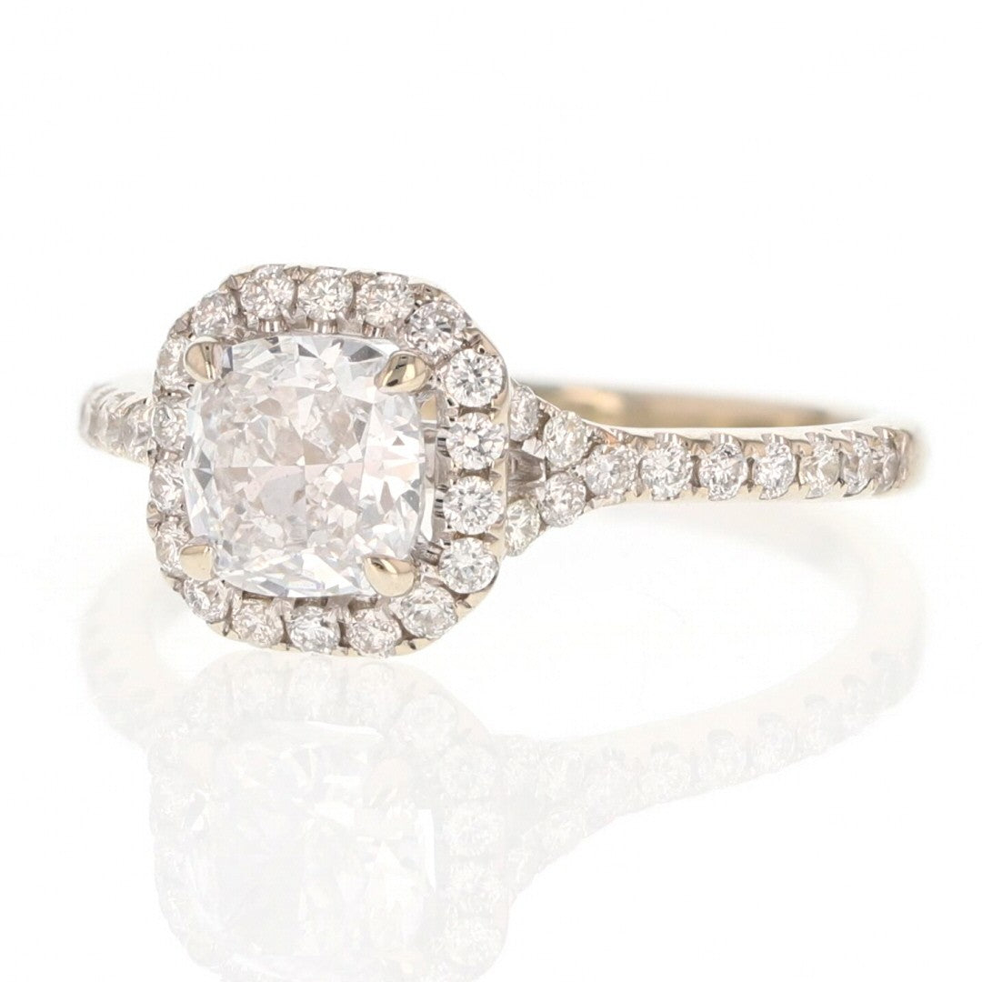 0.90ct Cushion Diamond Halo Engagement Ring — GIA Certified, 18k White Gold