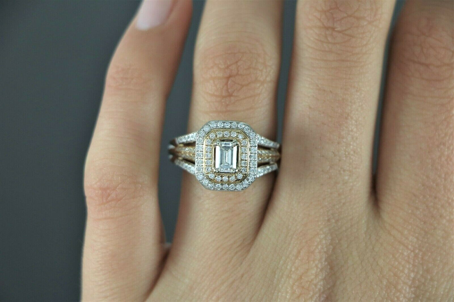 0.50ct Emerald Cut Diamond Double Halo Engagement Ring — GIA Certified, 14k White & Rose Gold