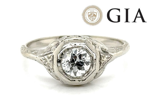 0.54ct Circular Brilliant Diamond Art Deco Ring — GIA Certified, 18k White Gold