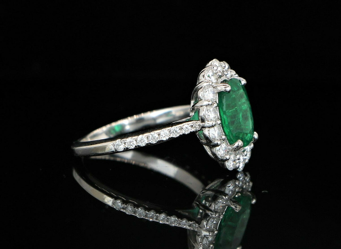 1.60ct Oval Emerald with Diamond Halo Ring — GIA Certified, 18k White Gold