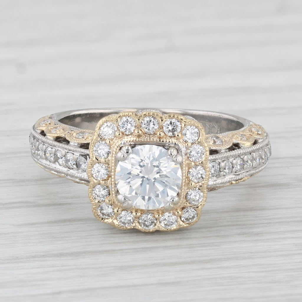 0.74ct Round Brilliant Halo Engagement Ring — GIA Certified, 14k White & Yellow Gold