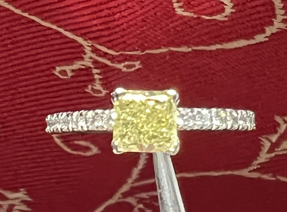 0.85ct Fancy Yellow Diamond Cushion Engagement Ring — GIA Certified, 18k White Gold
