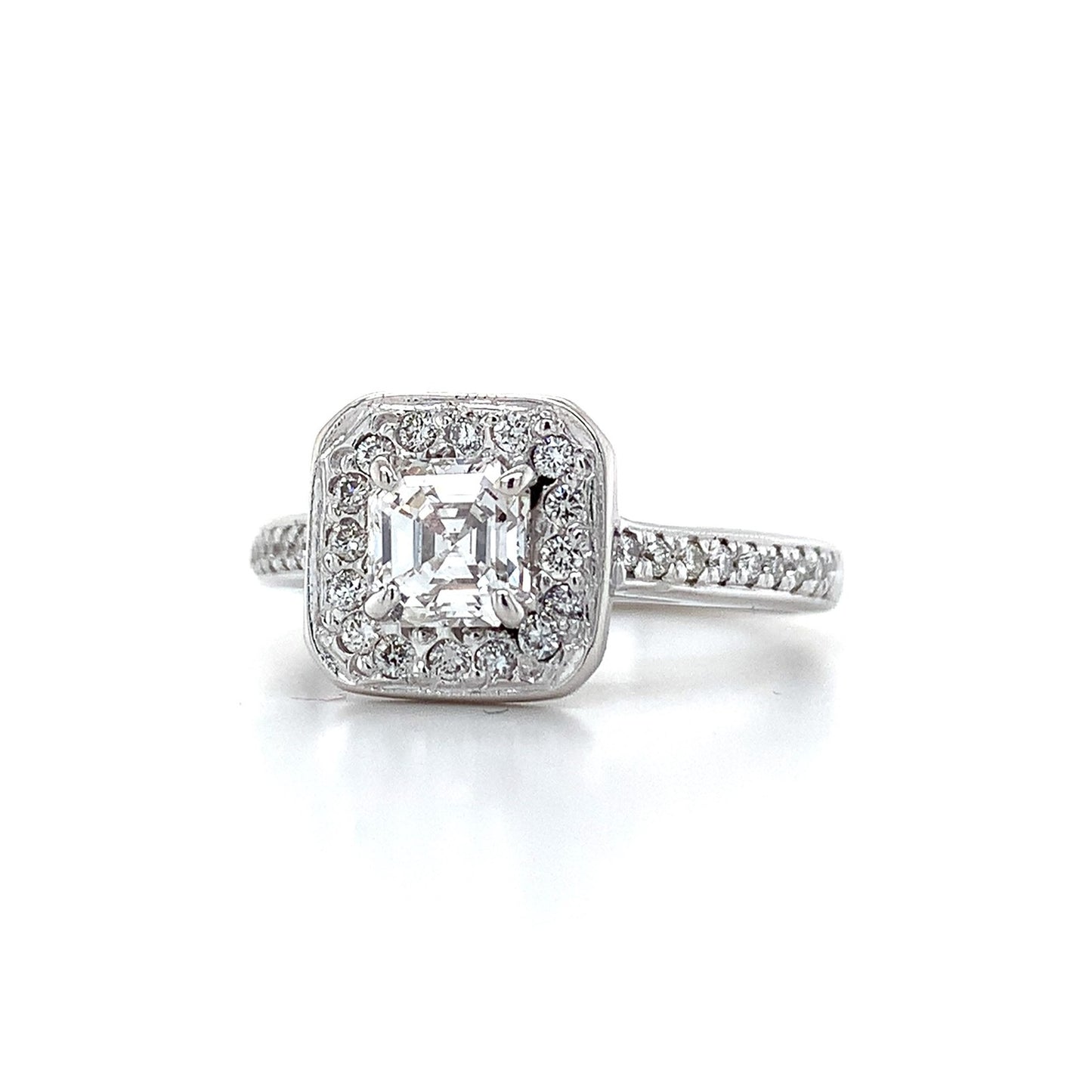 0.83ct Asscher Diamond Square Halo Statement Ring — GIA Certified, 14k White Gold