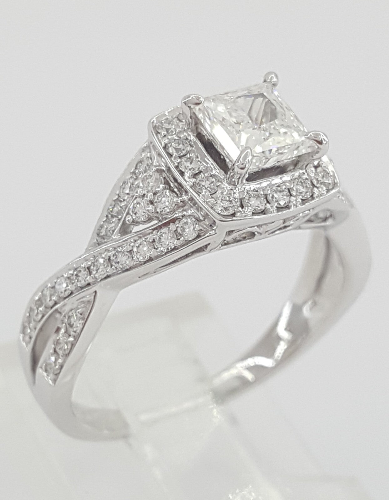 0.70ct Square Modified Brilliant Diamond Crossover Halo Ring — GIA Certified, 14k White Gold