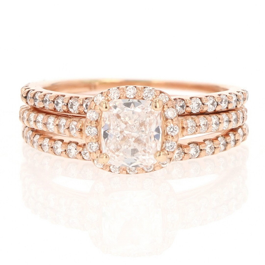 0.84ct Cushion Diamond Halo Pavé Wedding Set — GIA Certified, 14k Rose Gold