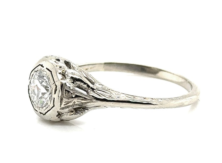 0.54ct Circular Brilliant Diamond Art Deco Ring — GIA Certified, 18k White Gold