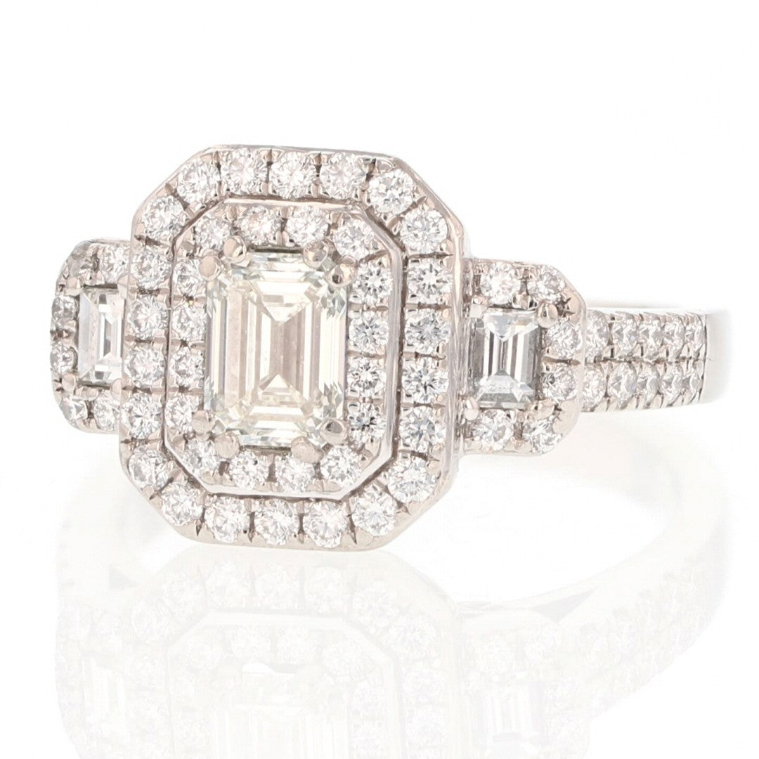 0.72ct Emerald Cut Diamond Three-Stone Halo Engagement Ring — GIA Certified, Platinum