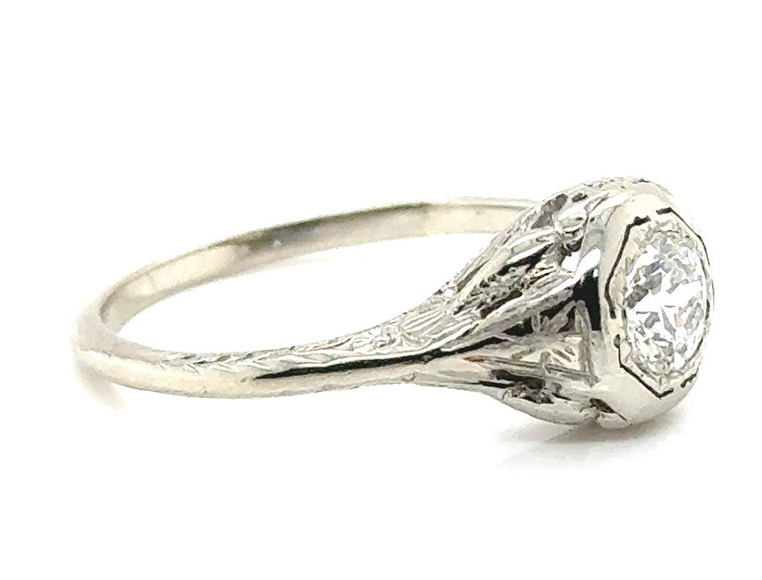 0.54ct Circular Brilliant Diamond Art Deco Ring — GIA Certified, 18k White Gold