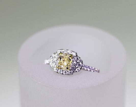 0.83ct Fancy Light Yellow Diamond Halo Ring — GIA Certified, 18k White Gold