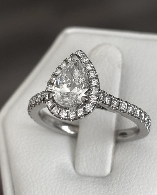 1.00ct Pear Brilliant Diamond Halo Engagement Ring — GIA Certified, 14k White Gold