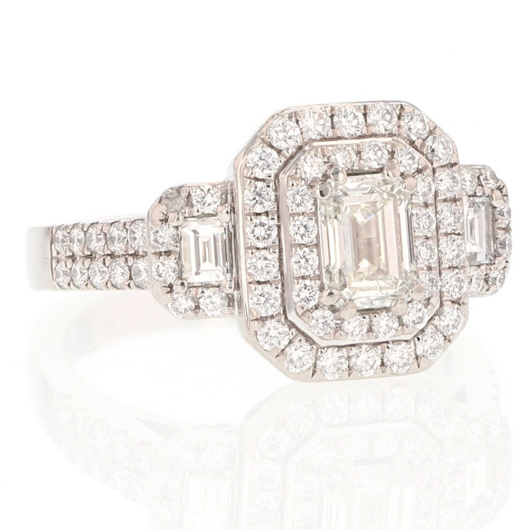 0.72ct Emerald Cut Diamond Three-Stone Halo Engagement Ring — GIA Certified, Platinum