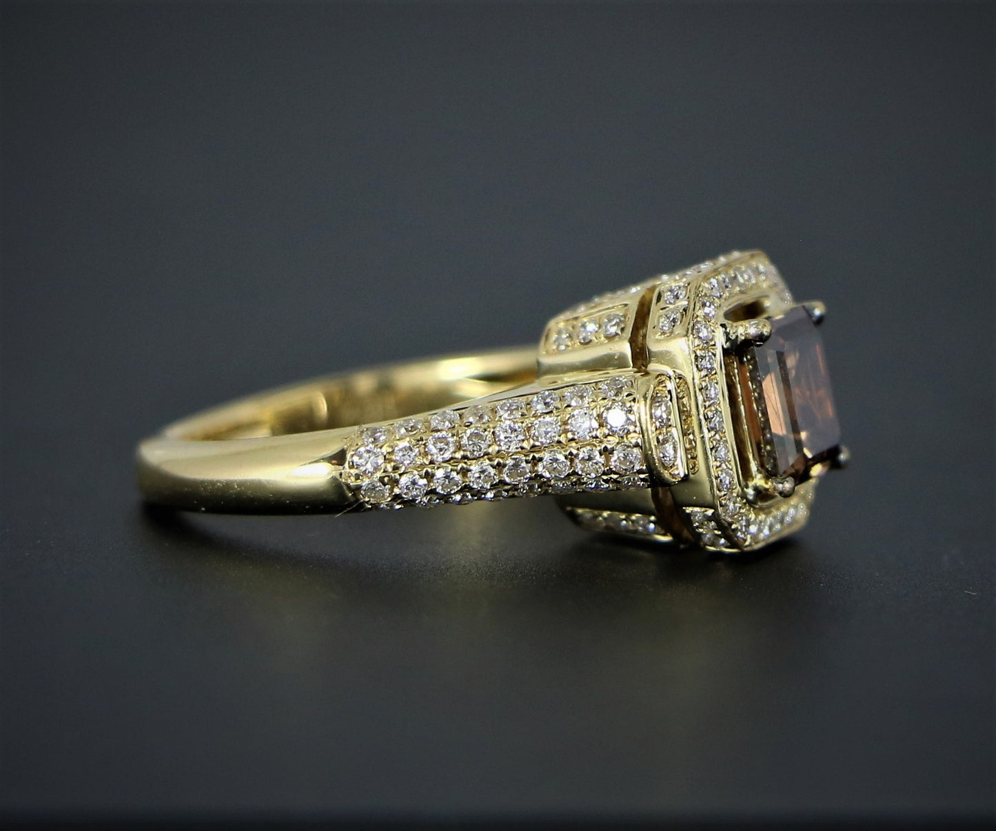 1.14ct Emerald Cut Fancy Dark Orangy Brown Diamond Engagement Ring — GIA Certified, 18k Yellow Gold