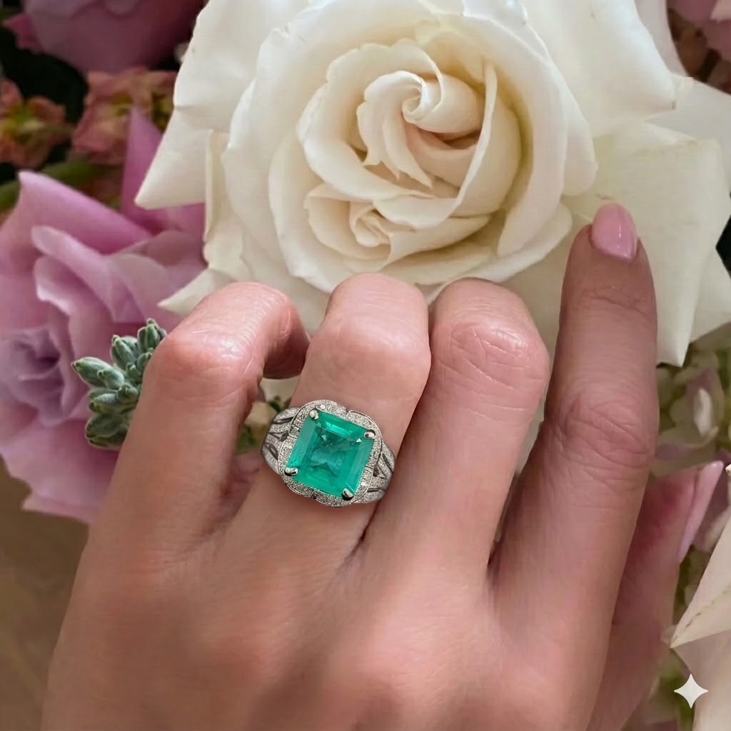 5.29ct Octagonal Step Cut Green Emerald Statement Ring — GIA Certified, 14k White Gold