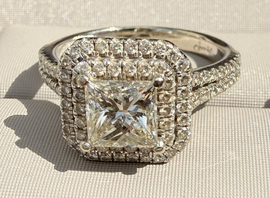1.02ct Square Modified Brilliant Double Halo Engagement Ring — GIA Certified, 14k White Gold