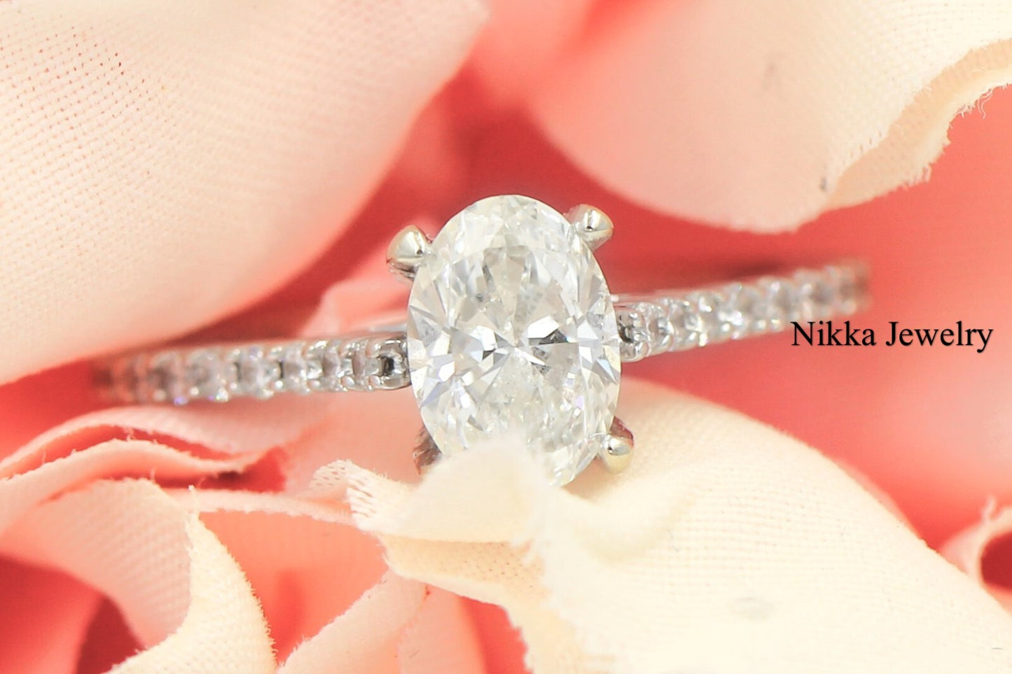 1.00ct Oval Brilliant Diamond Half Eternity Engagement Ring — GIA Certified, 14k Gold