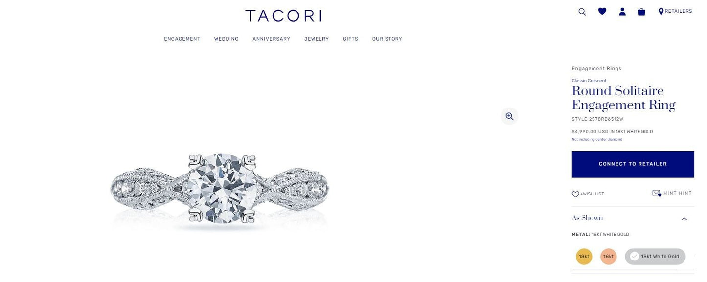 0.86ct Round Brilliant Diamond Crescent Engagement Ring — GIA Certified, 18k White Gold