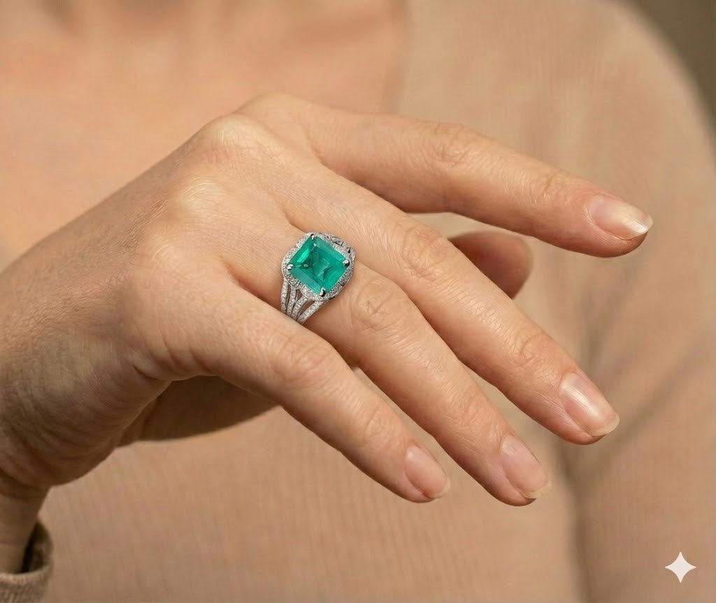 5.29ct Octagonal Step Cut Green Emerald Statement Ring — GIA Certified, 14k White Gold