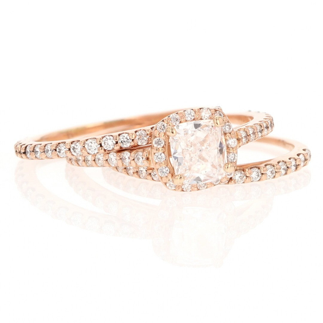 0.84ct Cushion Diamond Halo Pavé Wedding Set — GIA Certified, 14k Rose Gold