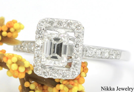 0.53ct Emerald Cut Diamond Halo Engagement Ring — GIA Certified, 14k White Gold