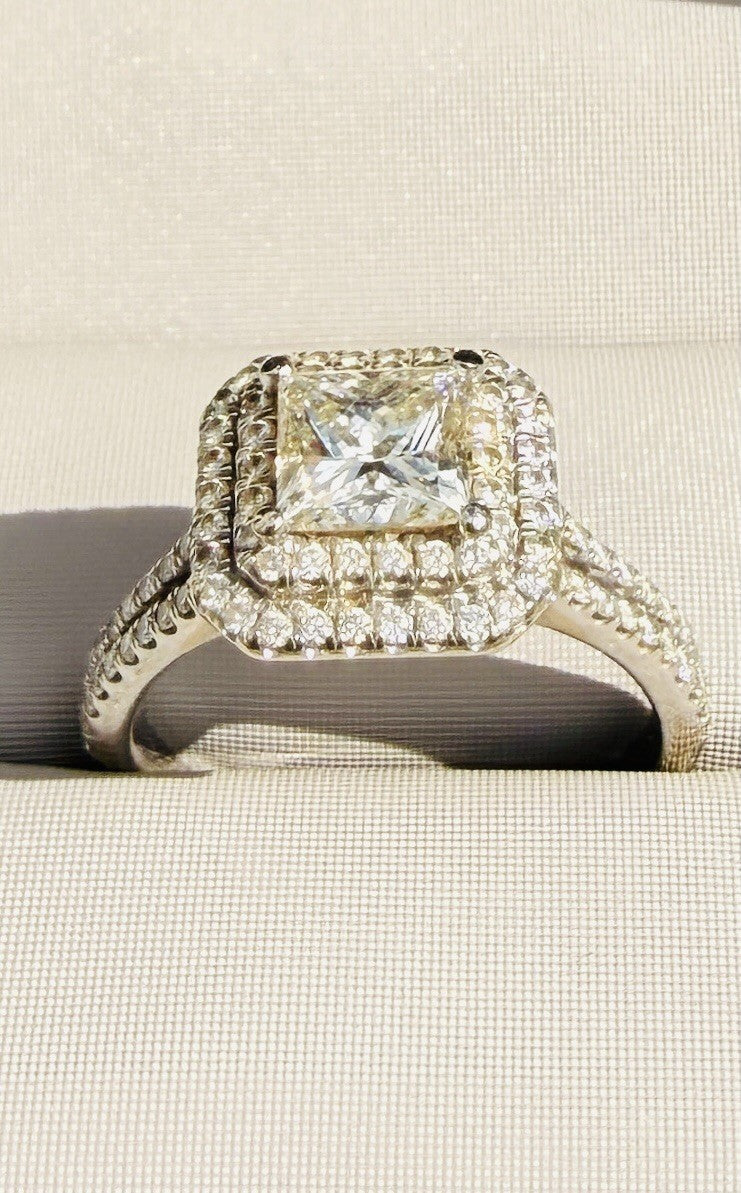 1.02ct Square Modified Brilliant Double Halo Engagement Ring — GIA Certified, 14k White Gold