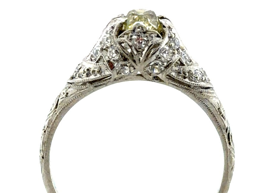 0.57ct Cushion Modified Brilliant Fancy Greenish Yellow Diamond Art Deco Ring — GIA Certified, Platinum