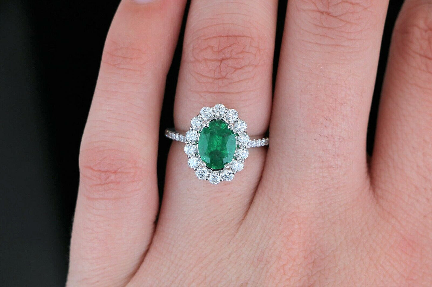 1.60ct Oval Emerald with Diamond Halo Ring — GIA Certified, 18k White Gold